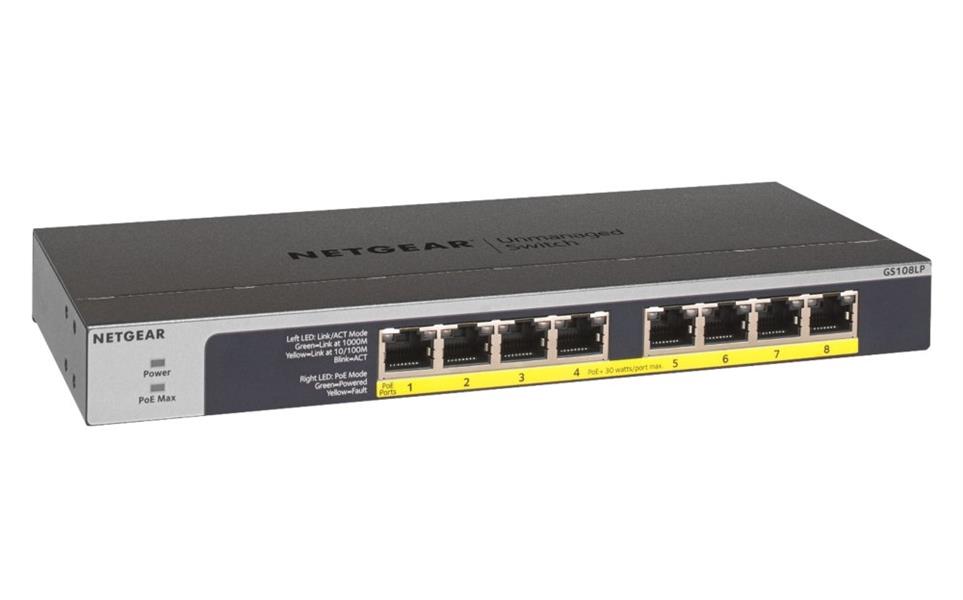 Netgear GS108LP Unmanaged Gigabit Ethernet (10/100/1000) Zwart, Grijs 1U Power over Ethernet (PoE)