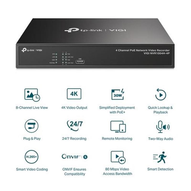 TP-Link VIGI NVR1004H-4P Netwerk Video Recorder (NVR) Zwart