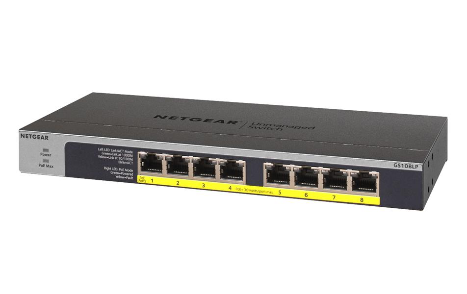 Netgear GS108LP Unmanaged Gigabit Ethernet (10/100/1000) Zwart, Grijs 1U Power over Ethernet (PoE)