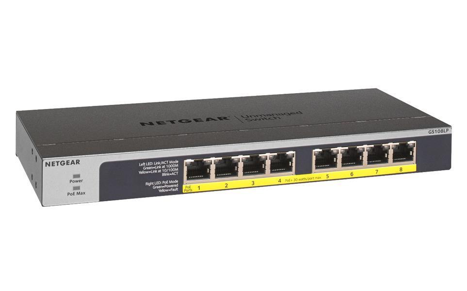 Netgear GS108LP Unmanaged Gigabit Ethernet (10/100/1000) Zwart, Grijs 1U Power over Ethernet (PoE)