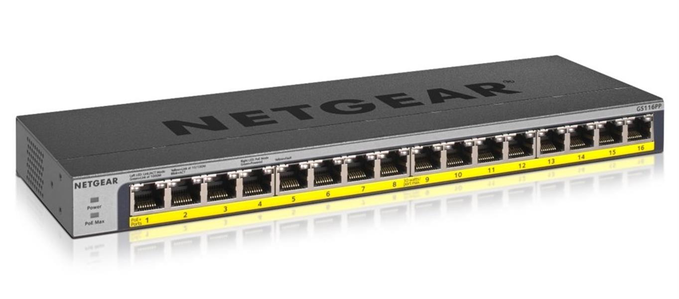 Netgear GS116PP Unmanaged Gigabit Ethernet (10/100/1000) Zwart Power over Ethernet (PoE)